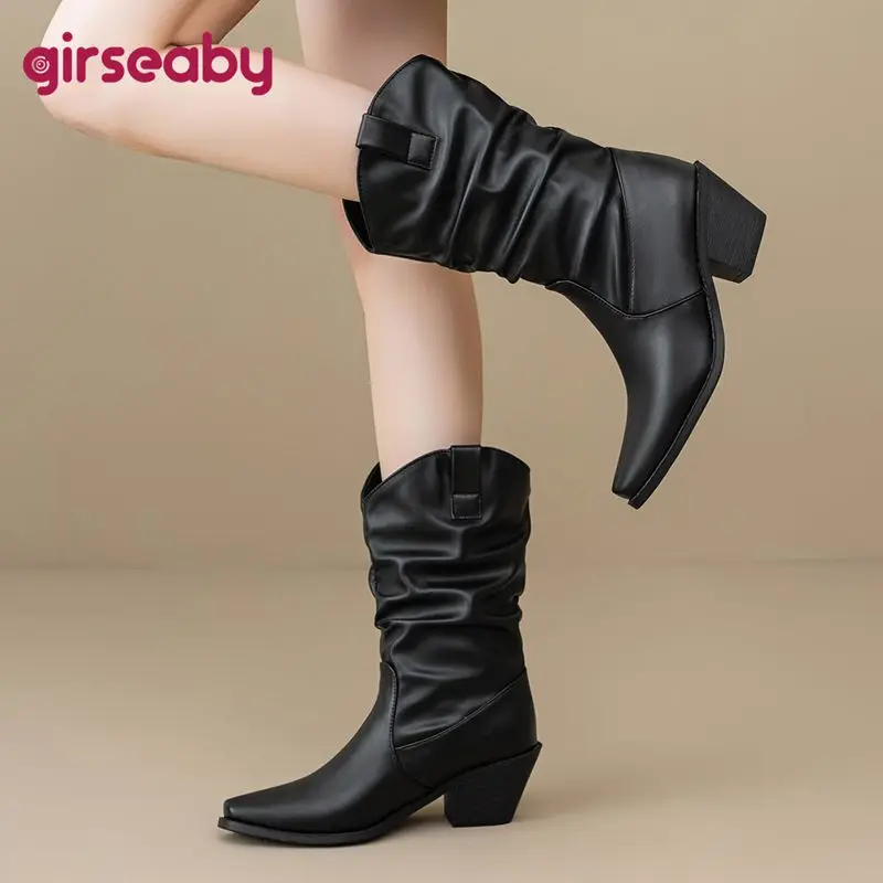 

Girseaby Ретро женские сапоги до середины икры на толстом каблуке 6,5 см, без шнуровки, расширенный размер 43, 44, 45, 46, плиссированные, нескользящие, повседневные, белые