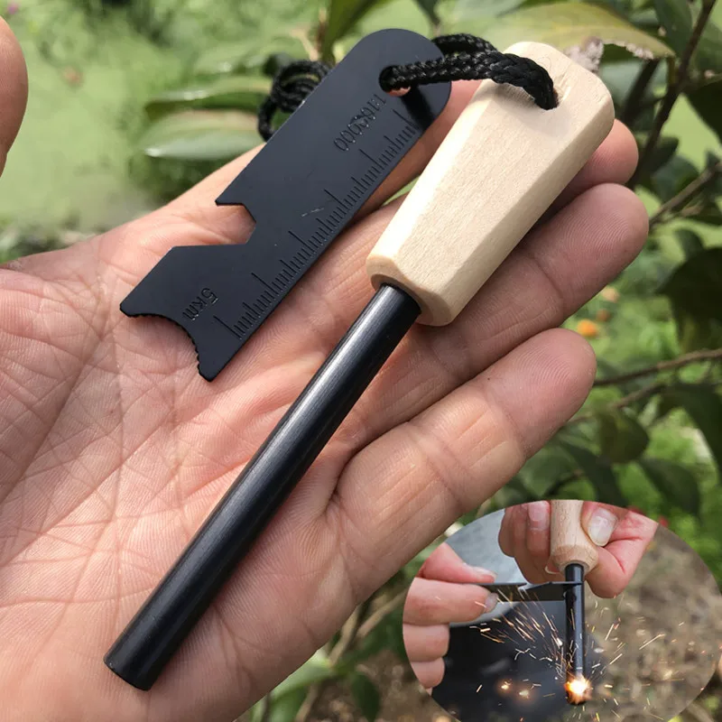 New Wilderness Survival Portable Flint Kit - Magnesium Fire Starter Stick with Wooden Handle for Camping Outdoor Equipment Tool - Image 3