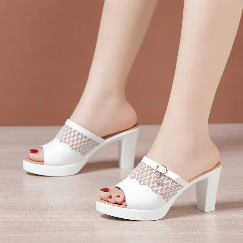 8cm 10cm Small Size Cutout Mesh Leather Shoes Platform Slippers Women 2024 Summer Block High Heels Slides for Office Model Mom