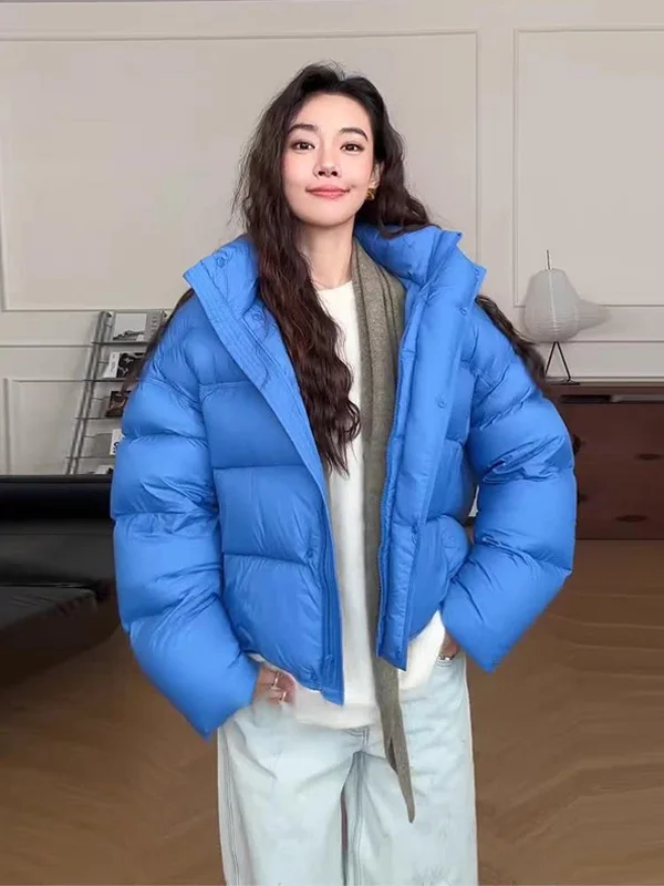 

Blue Thickened Warm Cotton Jacket Women's Fashionable Winter New Style Commute Straight Tube Long Sleeve Dark Button Pure Color