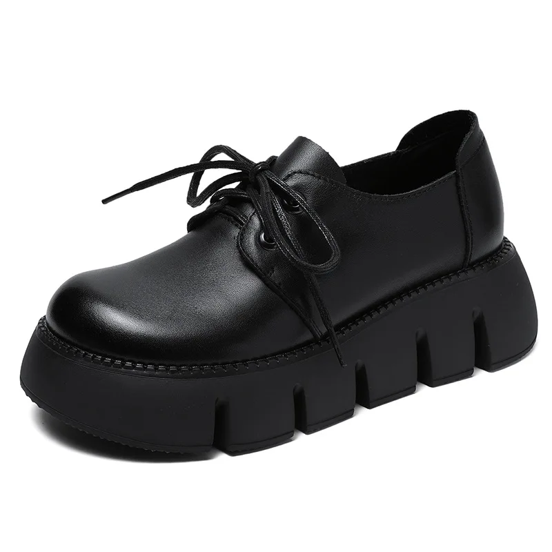 ZXRYXGS British Style Top Cowhide Women Leather Shoes Platform Elevator Shoes 2025 New Lace-up Round Toe Temperament Trend Shoes