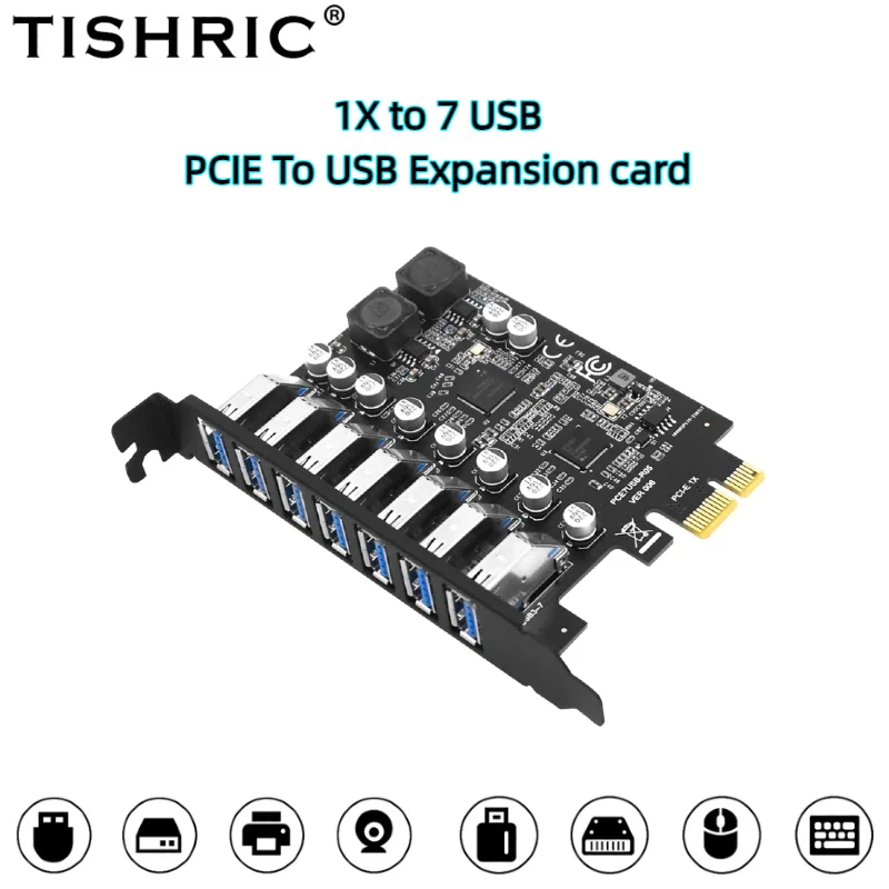 

TISHRIC PCIE 1X PCIE-мультипликатор к 7-портовому USB-концентратору 5 Гбит/с, адаптер расширения, настольный драйвер к USB Type E, 19-контактное расширение