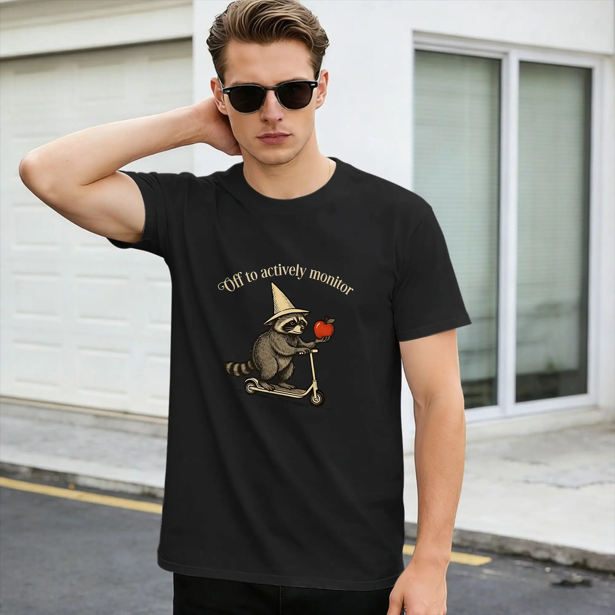 Harajuku T Shirt Summer Off to Actively Monitor Hip Hop T Shirts Raccoon 100% Cotton Tshirt for Men Retro Short Sleeve Clothes,