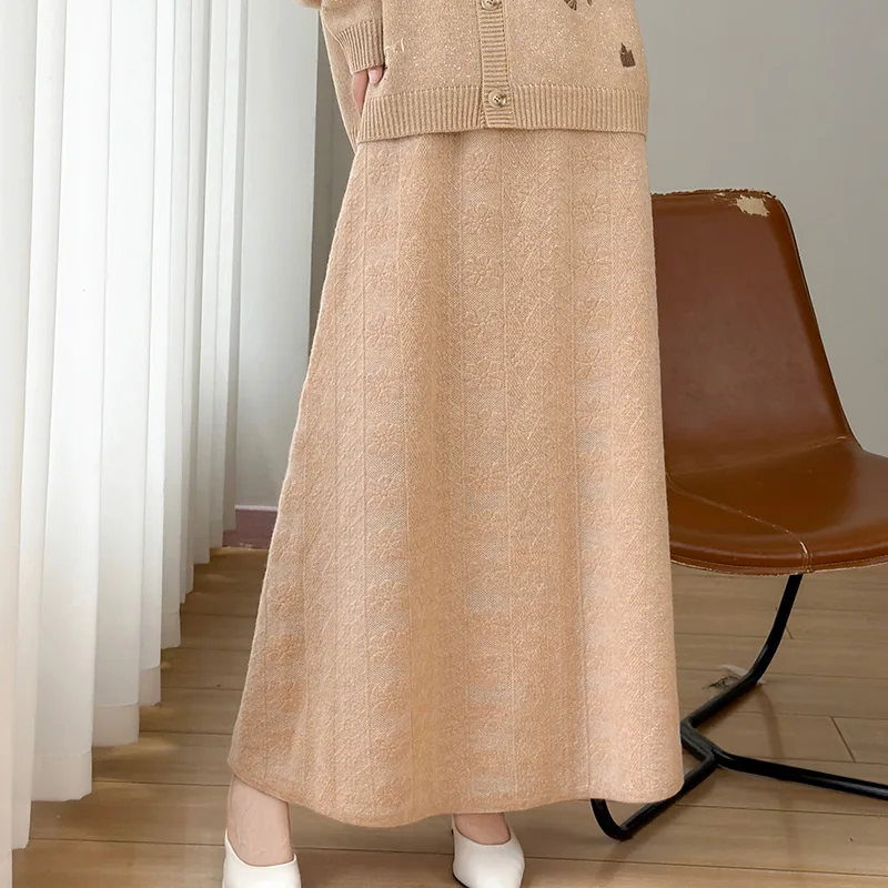 100% pure cashmere knit skirt female white jacquard medium long skirt gentle temperament commuter skirt