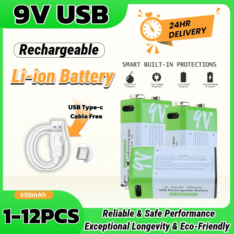 

Rechargeable Li-ion Battery 9V with Type-C USB Port for Multimeter, Microphone, Metal Detector, Guitar Pedal, Long Lasting