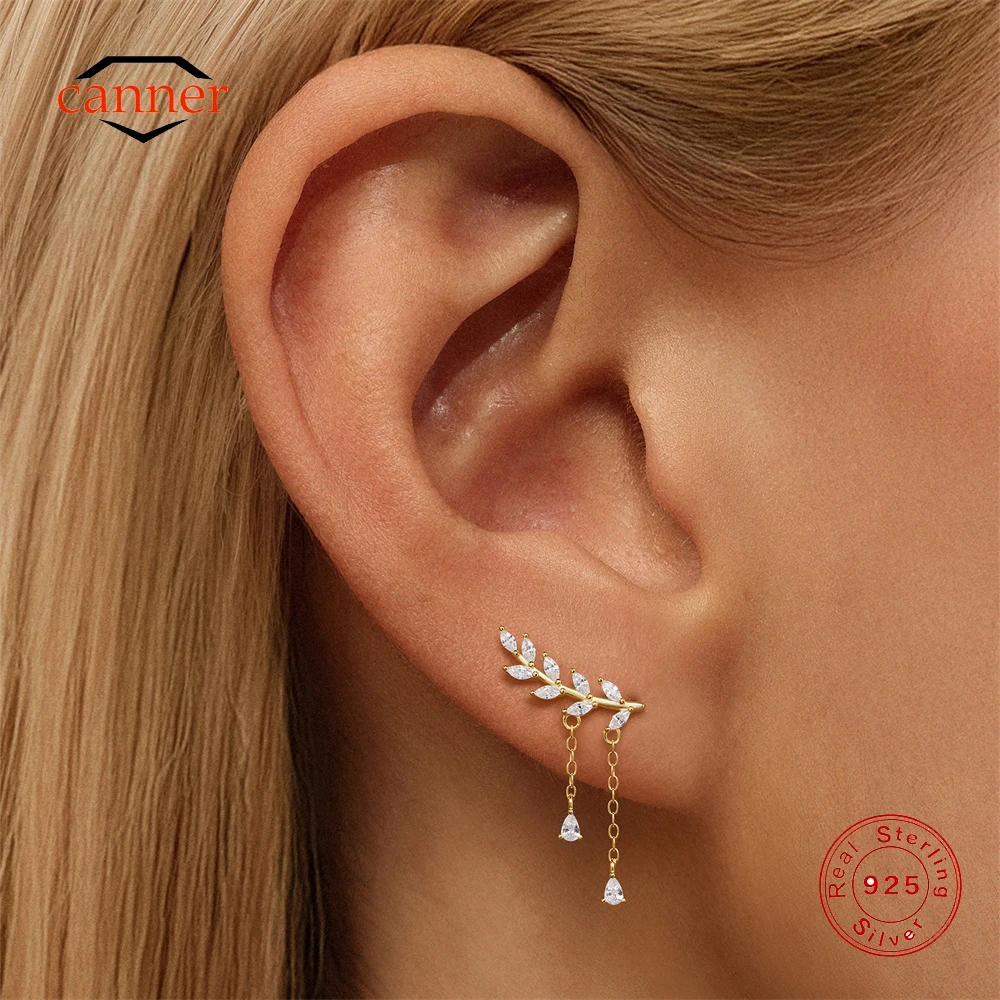 

CANNER 1PC 925 Sterling Silver Olive Leaf Climbing Drop Earrings For Women Classic Tassel Horse Eye Zircon Earrings Jewelry Gift