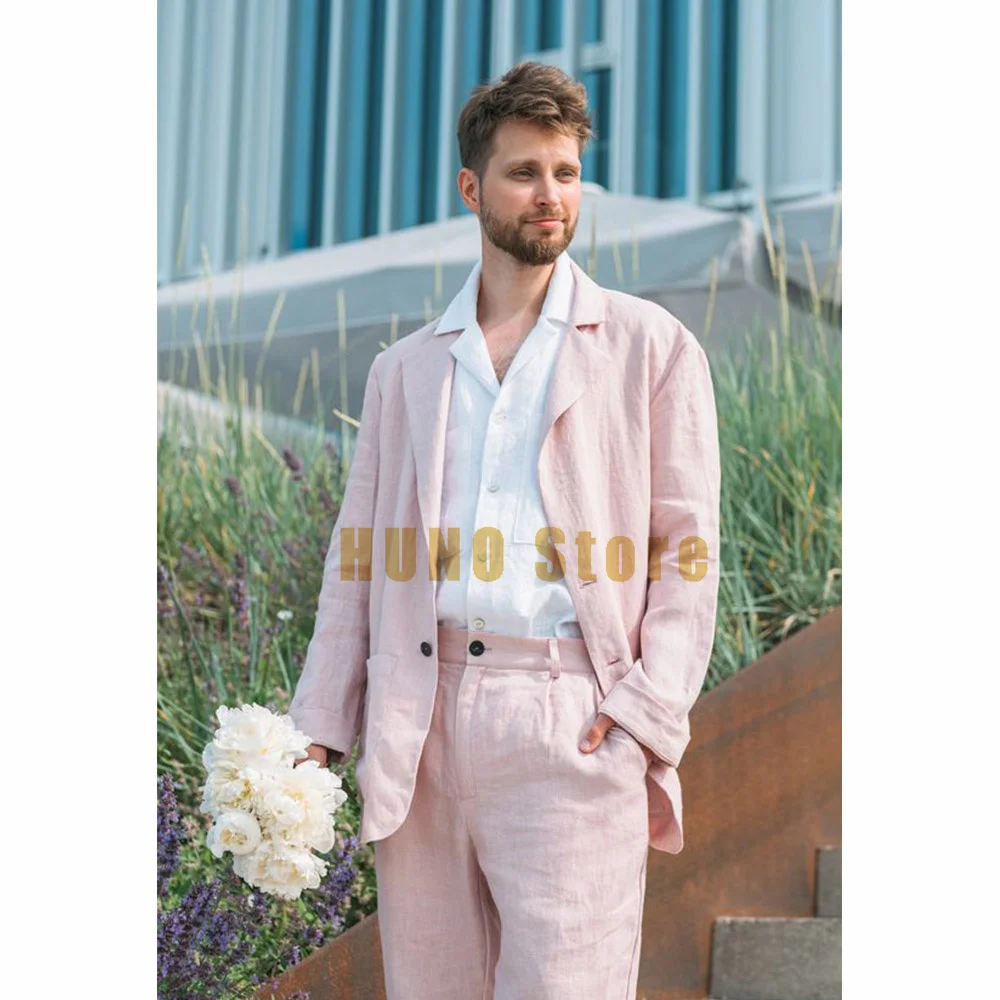 Full Men's Suits Male Suit Summer Thin Breathable A Buckle Wedding Dress Slub Cotton Fabric Two Piece Suit Casual Commuting Mens