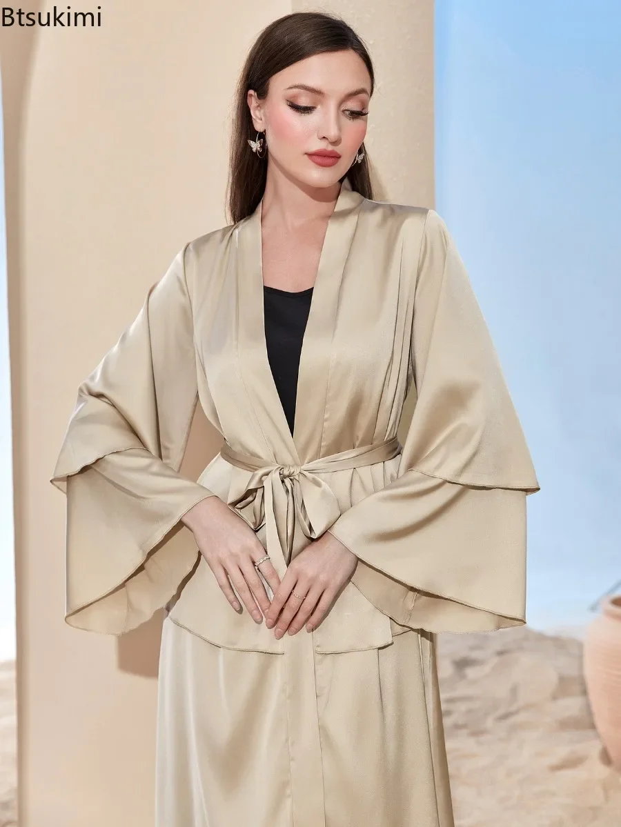 Fashion Patchwork Satin Cardigan Dress Women's Elegant Solid Lace-up Maxi Dress Dubai Muslim Open Abayas Islam Kimono Robe Femme