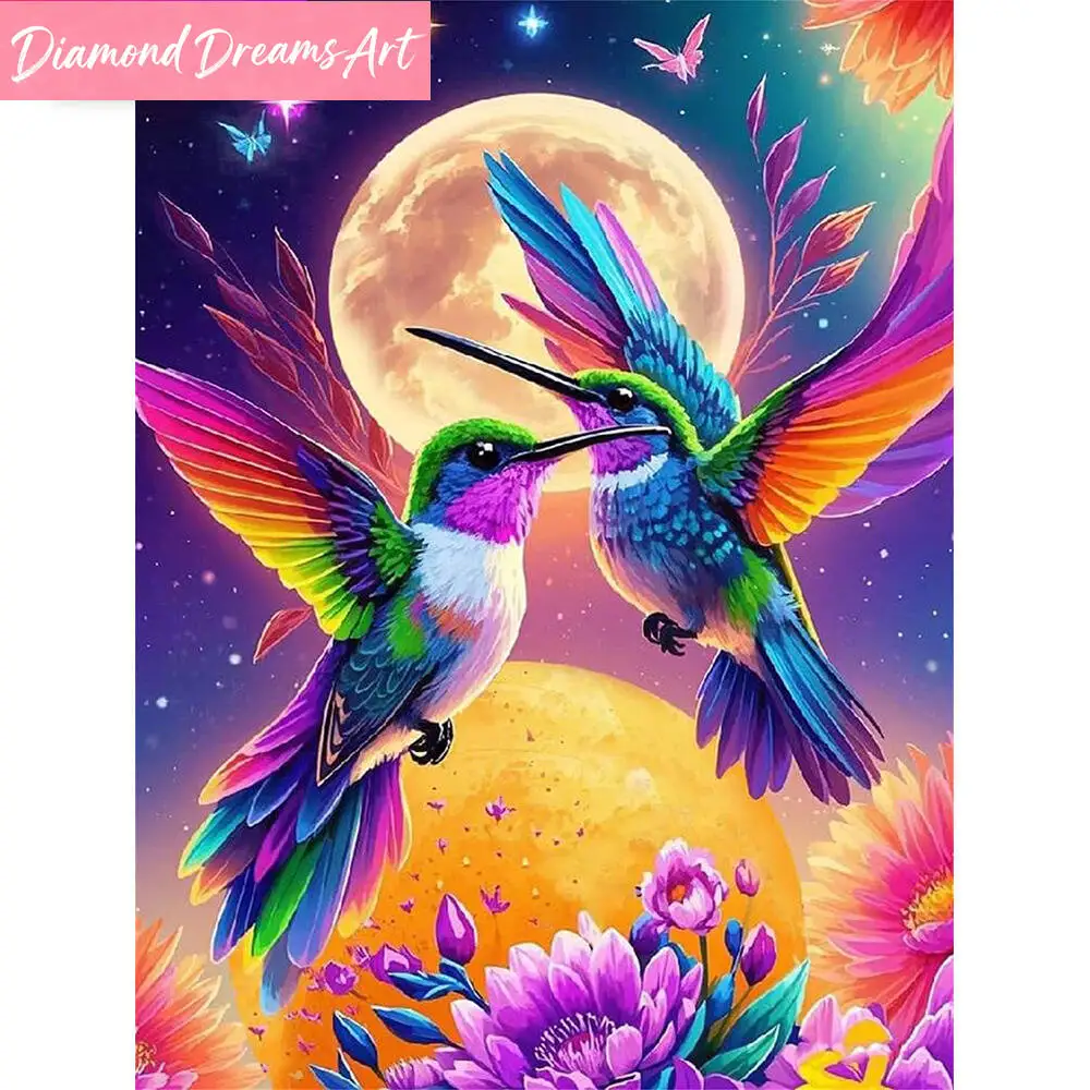 Diamant-Malerei Vogel-Bild mit Strass-Monddesign, Diamant-Mosaik Kolibri Tier DIY Neues Set, Handgemachtes Kunstgeschenk, Rahmen Inklusive