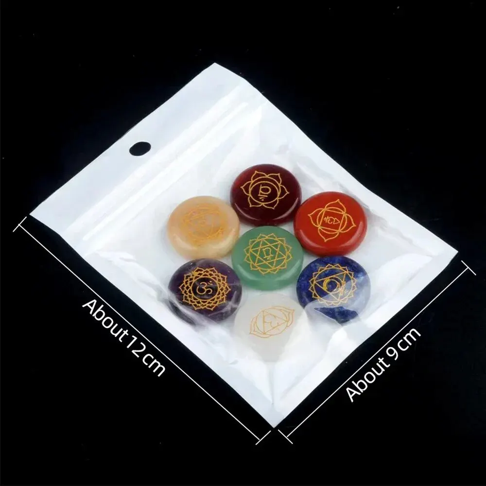 7 teile/paket 0,984 zoll Runde Form 7 Chakra Naturstein Ornament Amethyst Quarz Energie Gravierte Symbole Reiki Wahrsagerei Heilung – Detail 5