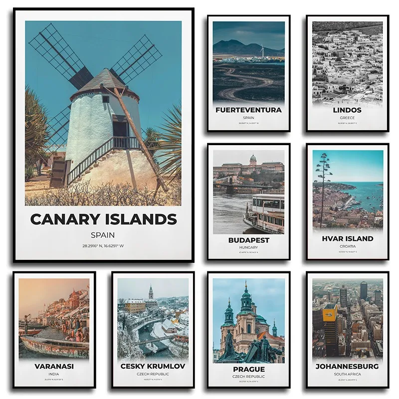 خمر السفر المشارك قماش طباعة الحد الأدنى إحداثيات المدينة الحديثة الفن الرجعية أوروبا وآسيا معالم إيطاليا/الهند جدار ديكور