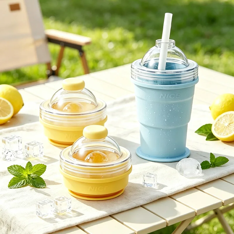 1PC Portable collapsible hockey cup,food-grade silicone ice cup with straw and lid, easy to carry and suitable for outdoor use.