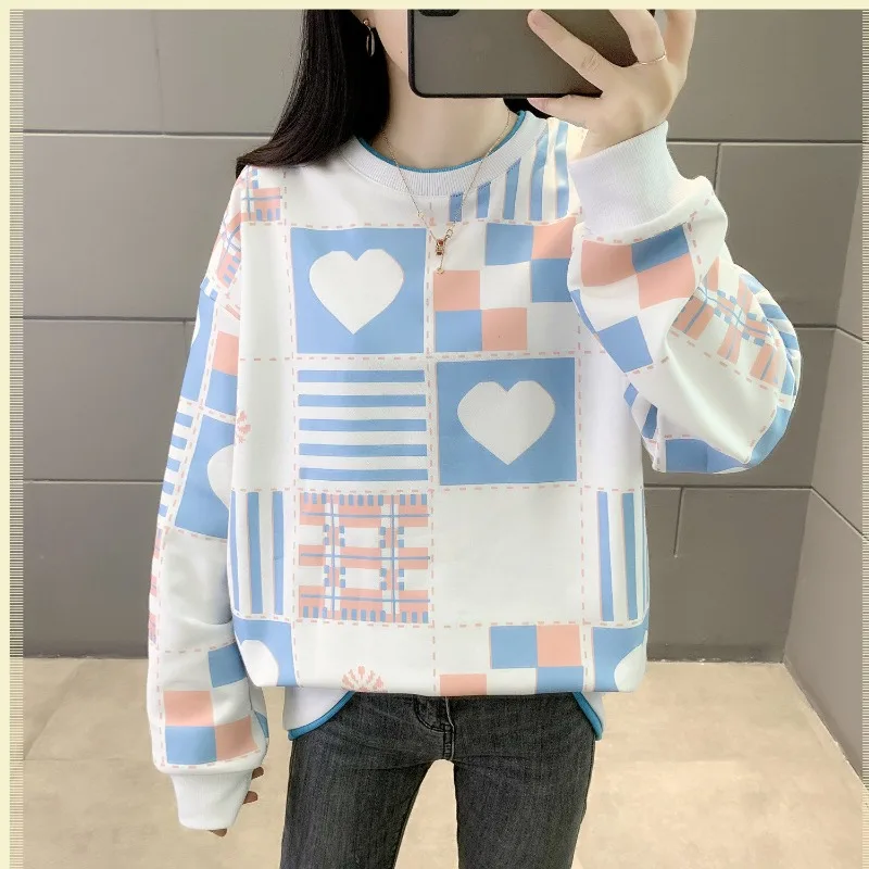 Spring Autumn Contrast Color Pullover Round Neck Geometric Printing Lantern Long Sleeve Office Lady Screw Thread Hoodies Tops