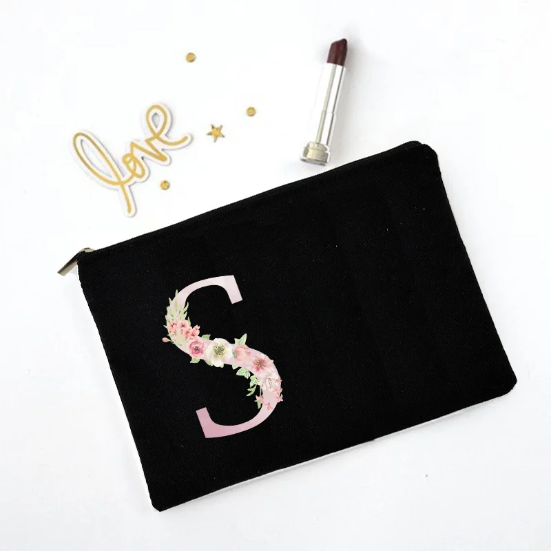 Custom Name Women Makeup Bag Black Canvas Cosmetic Cases Bridesmaid Handbag Travel Kawaii Bachelorette Party Wedding Gifts Purse