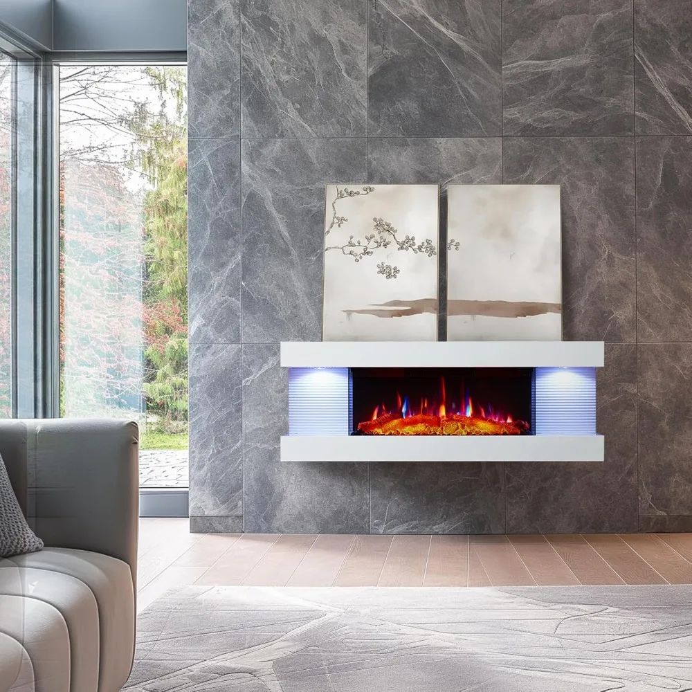 44 Inch Wall-Mounted Electric Fireplace by PuraFlame Alsa with Multi-Color Ambient Lights, Remote Control, 1500W Heating, White