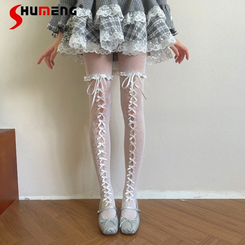 New Japanese Sweet Cool Style Tights Hot Girl Hollow Bow Satin Lace Gothic Dark Lace Pantyhose For Women's Kawaii White Socks