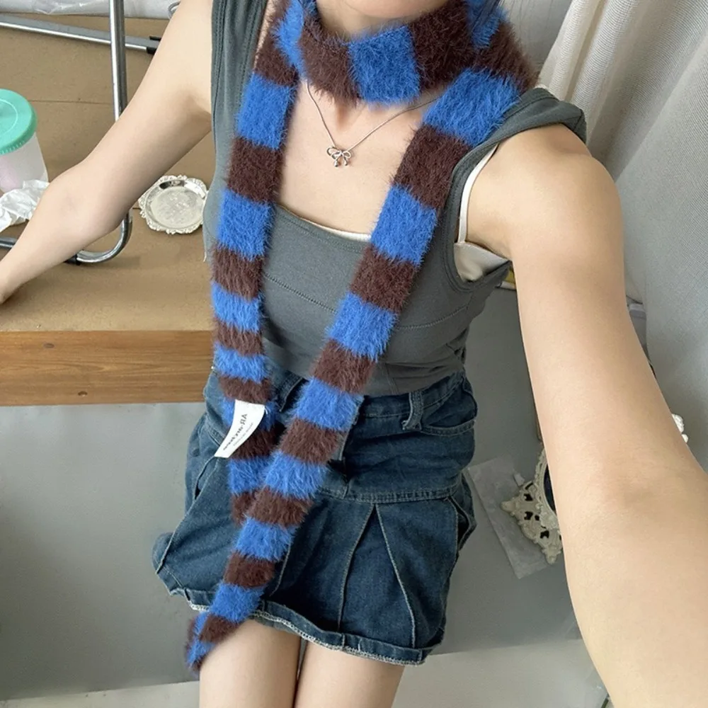 Clothing Accessories Y2 Striped Scarf Warm Soft Sausage Thin Scarf Knitted Wool Plush Long Narrow Scarves Autumn Winter