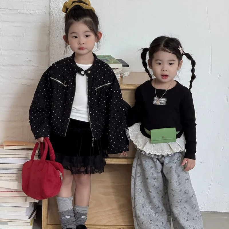 

Осень-зима 2025 г., хлопковая детская одежда для девочек, куртка в горошек с круглым вырезом на молнии, пальто для малышей 3-10 лет, наряд унисекс