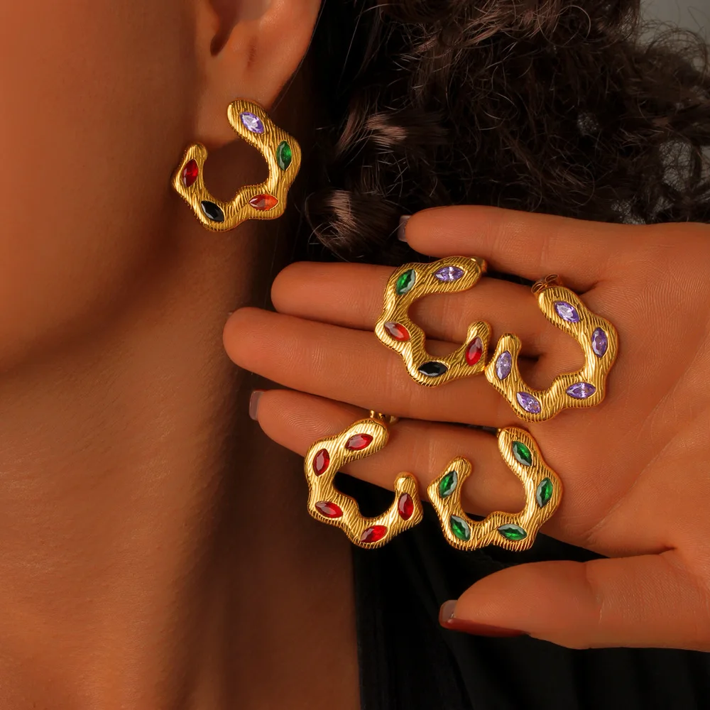 DIY accessories Guangdong jewelry cross-border French retro multi-color zircon earrings titanium steel 18K gold light luxury hig