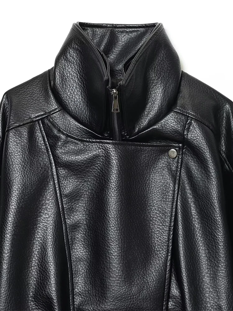 Chaqueta de cuero con doble cuello y cinturón de color sólido con temperamento versátil a la moda para mujer de estilo europeo