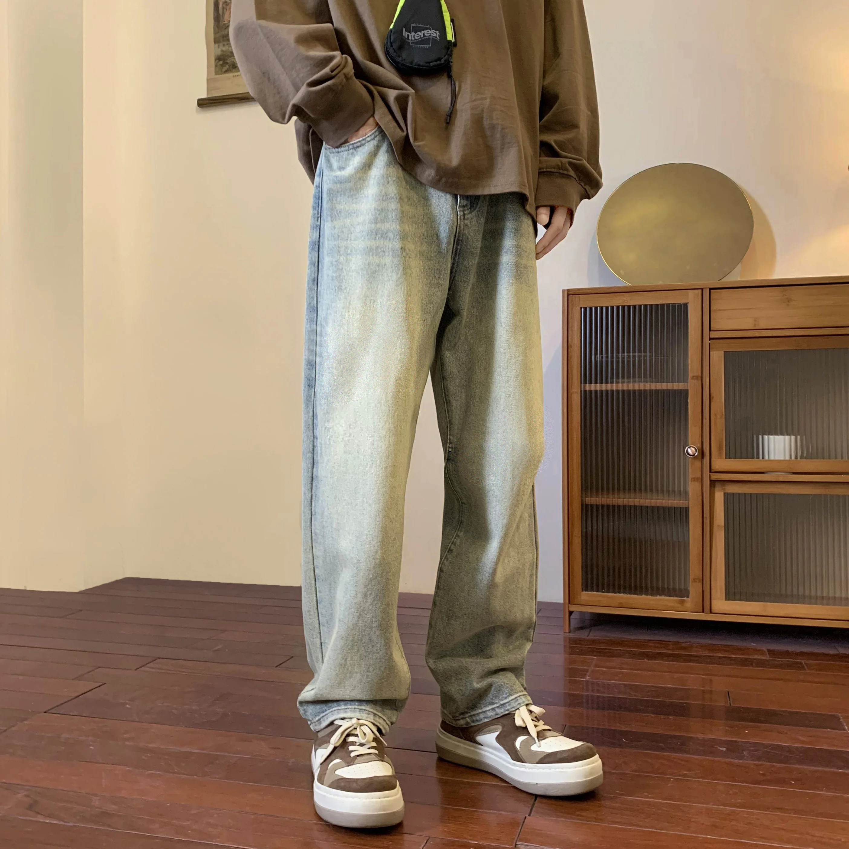 

Japan Style Vintage Washed Green Denim Pants Men Straight Casual Jeans Fashion Streetwear Jean Pants Man Women Baggy Denim