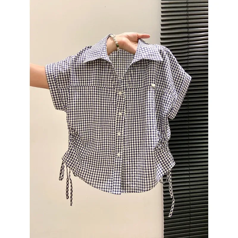Camisa a cuadros de tela vichy en blanco y negro para mujer, manga corta, con botones y cordón lateral, top corto informal