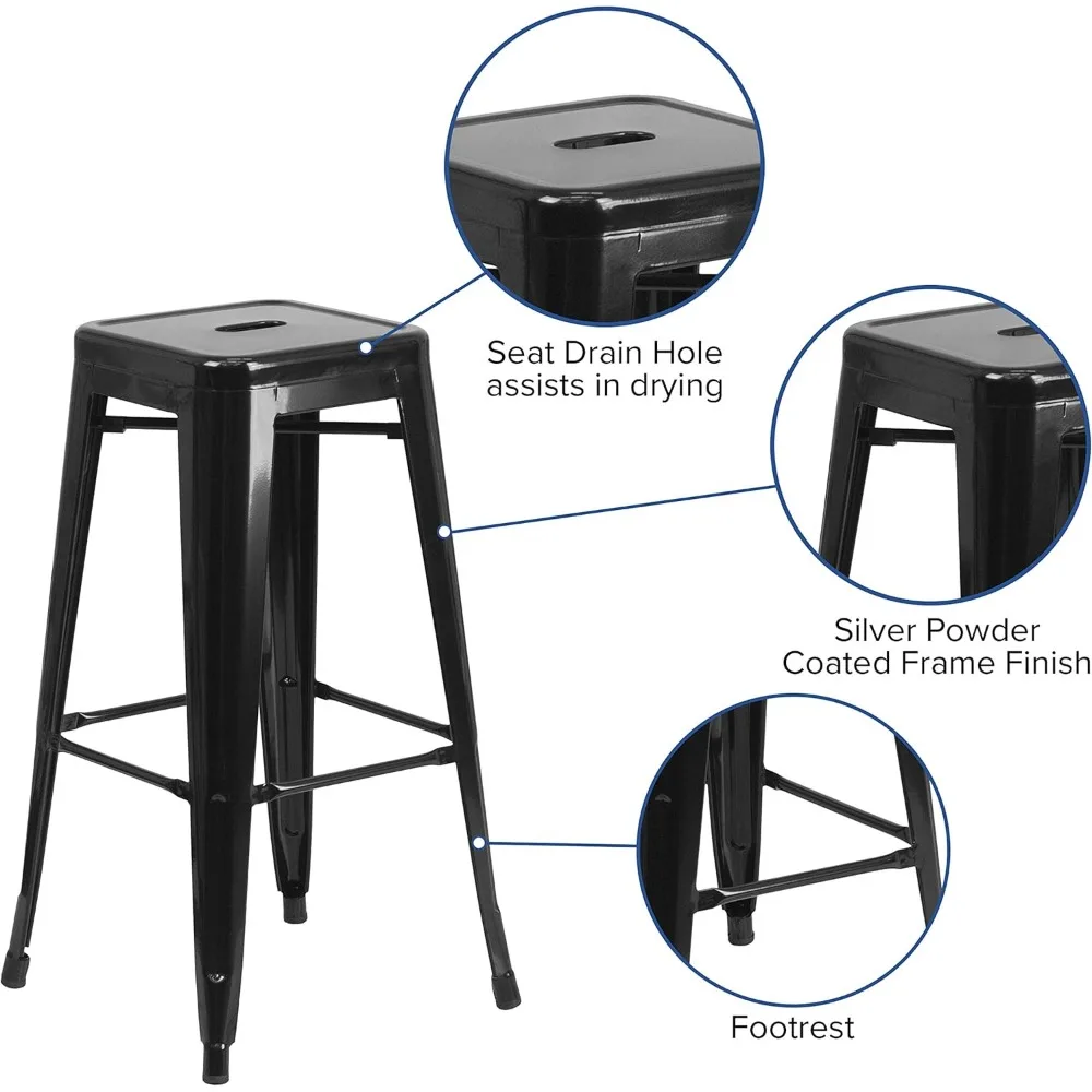 Modern Metal Backless Bar Stool 30"H Stackable Indoor Outdoor Commercial Use Black Industrial Style