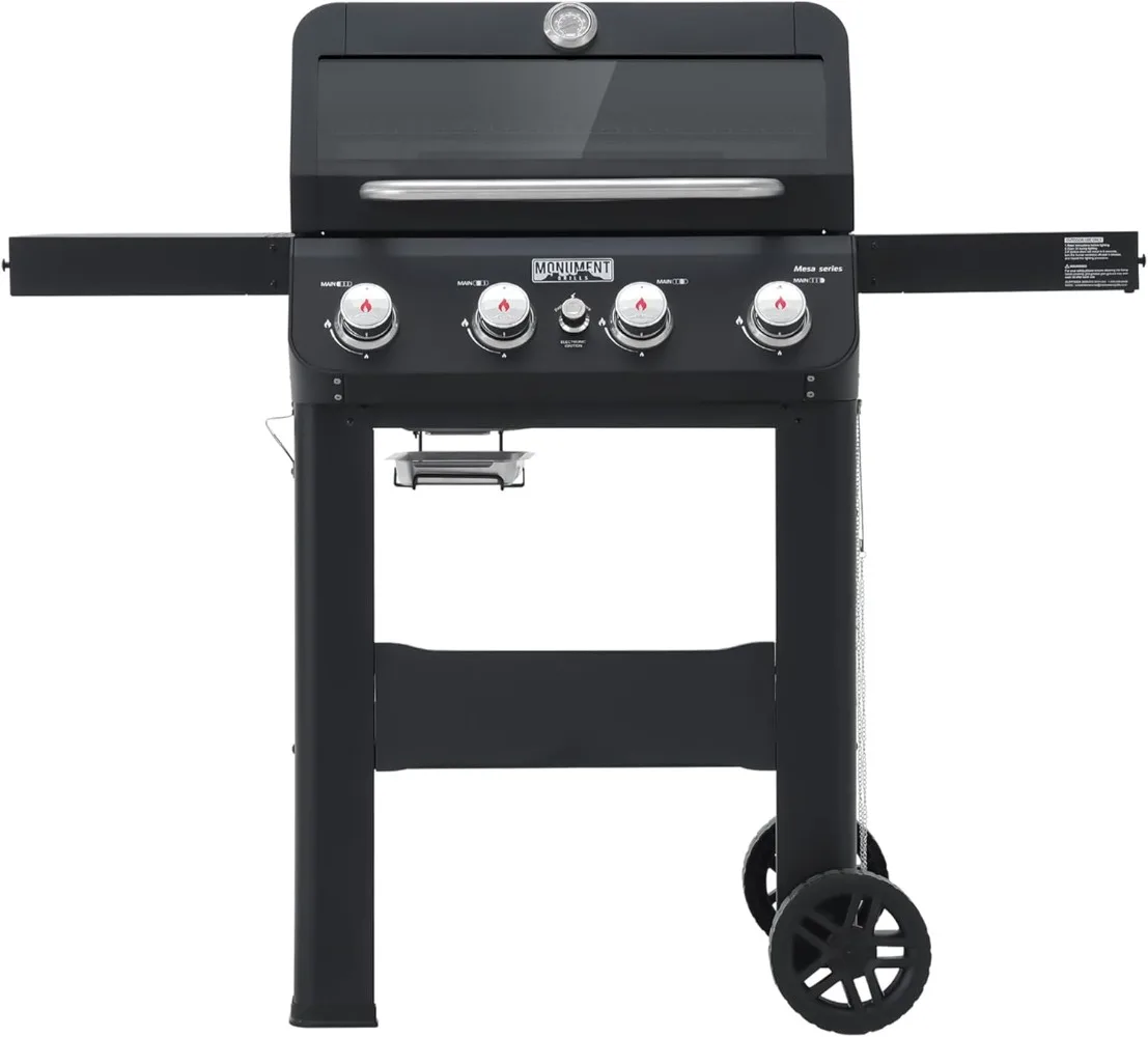 4-Burner Liquid Propane Gas Grill, Black Stainless Steel Grill with Clearview® Lid and One Foldable Shelve for Outdoor