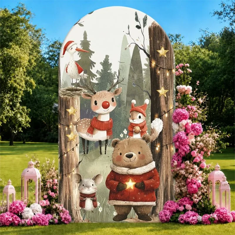 

Single Side Arch Backdrop Cover Festive Winter Wonderland Background Cloth for Party Decor Featuring Adorable Animals in Cozy