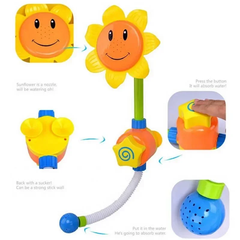 [Funny] Bath Sunflower Water spray Faucet Infant Shower Water Summer Beach Toys Smiling face playing water paddle tap baby toy