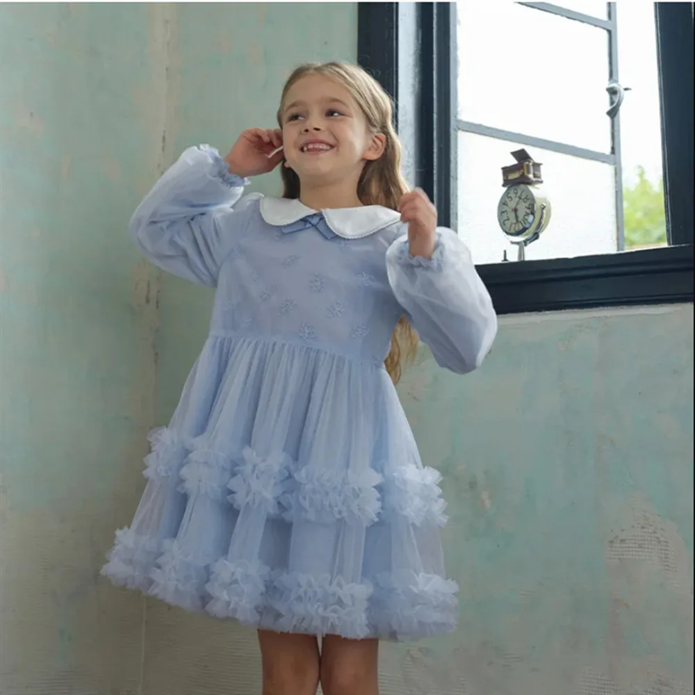 

Lovely Flower Girl Wedding Dress Sweet Cute Bow Long Sleeves Princess Birthday Party Banquet Gown Customized