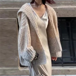 MEXZT Elegant Hooded Knitted Cardigan Women Sequin Sweater Coat Streetwear Oversized Knitwear Korean Loose All Match Jumper Tops