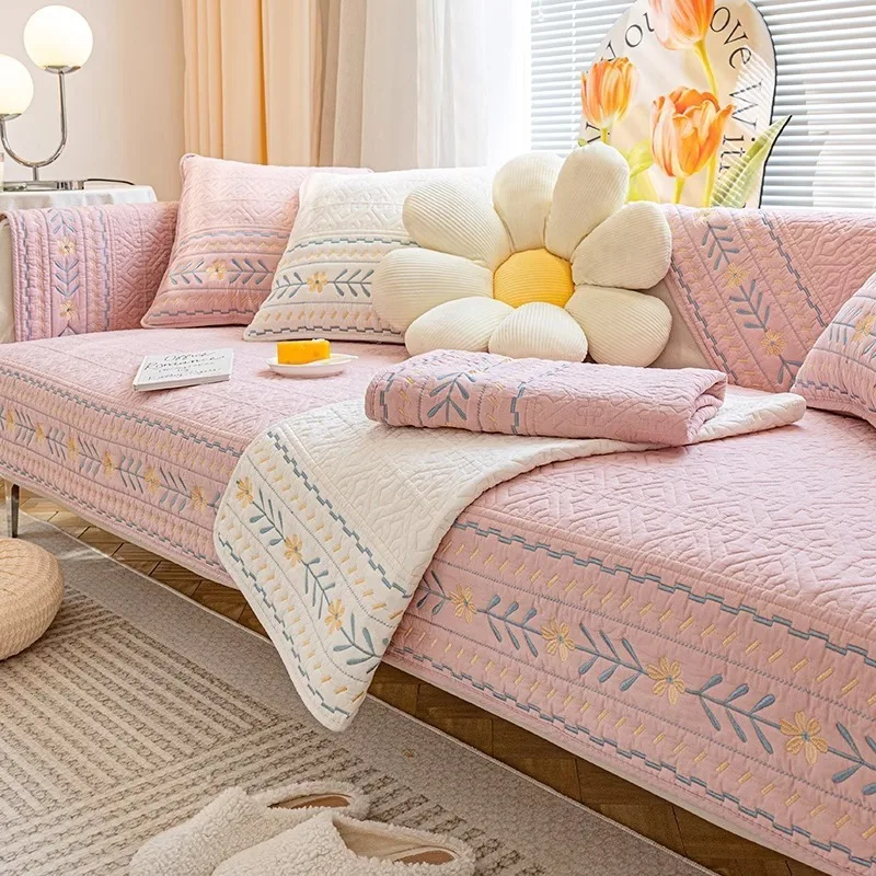 100% Cotton Bohemian Style Sofa Cushion Non-Slip Full Coverage Anti-scratched Sofa Cover Embroidery Floral Dustproof Seat Pad