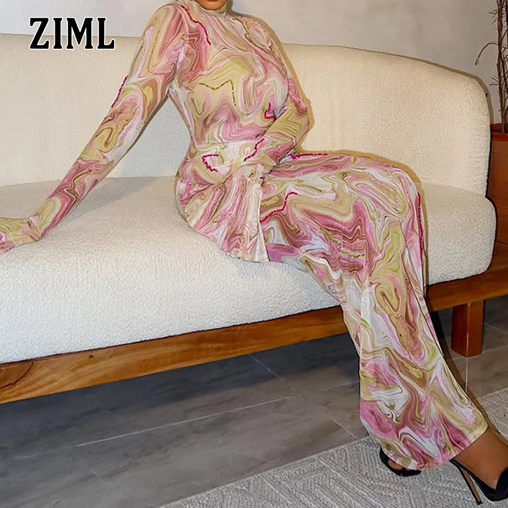 

ZIML Hit Color Printing Slimming Chic Dresses for Women Stand Neck Long Sleeve High Waist Temperament Dress Female Fashion New