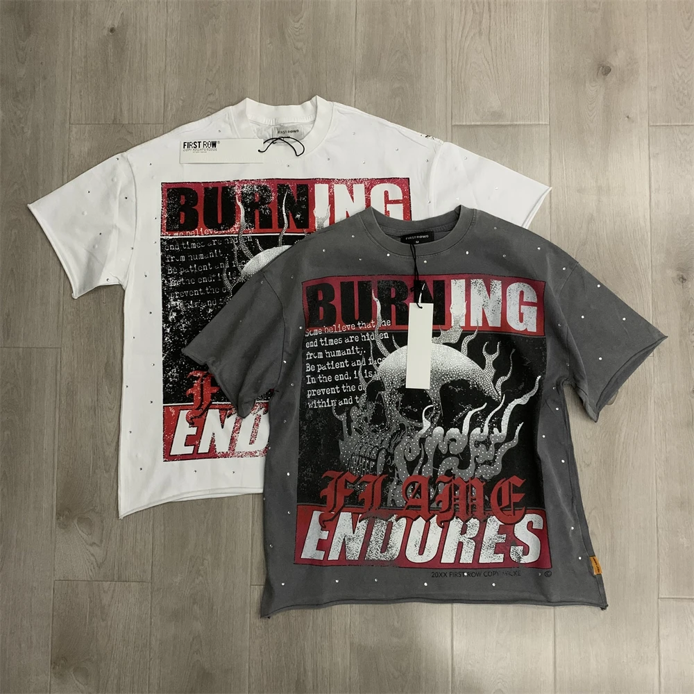 

Washed FIRST ROW BREAKING NEWS BURNING FLAMES CROPPED T-Shirt Men Women Best Quality Summer Style Top T Shirt Tee