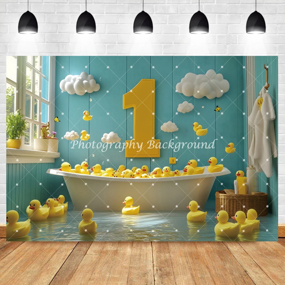 

Happy 1st Birthday Photography Backgrounds Little Yellow Duck Toys Bubble Children Birthday Party Baby Shower Shooting Backdrop