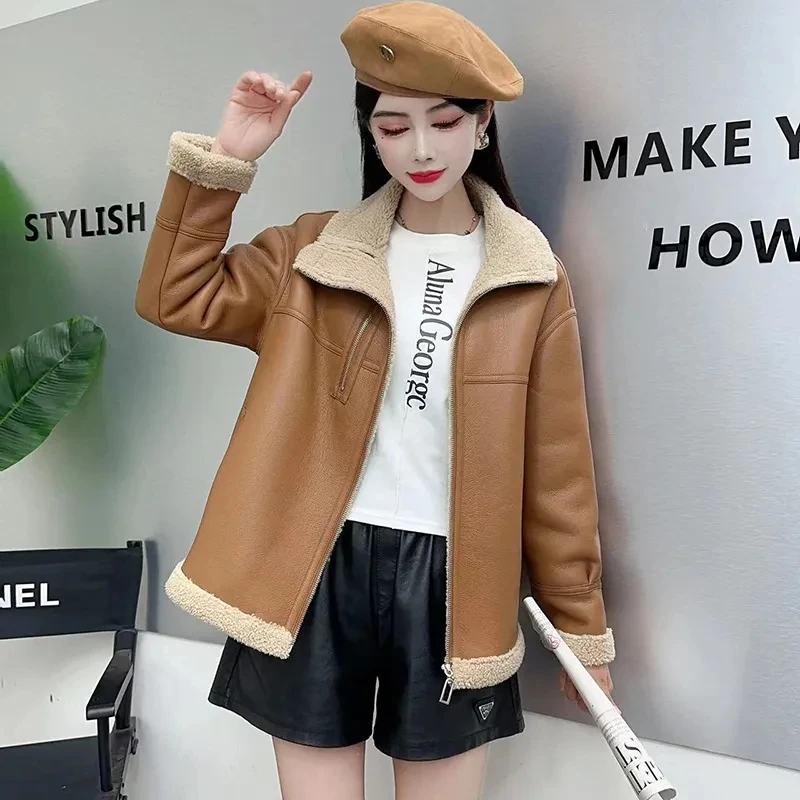 Formal Fur One Leather Jacket Women Short Motor Vehicle Outwear Loose Korean Lapel Lamb Wool Winter New Thick Warm Y2k Fur Coat