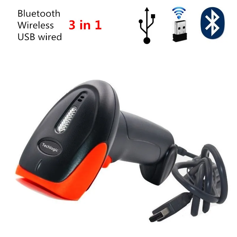 Techlogic 1D 2D Wireless Bluetooth USB Wired 3 in 1 Barcode Scanner 2D QR PDF417 Data Metrix Bar Code Reader