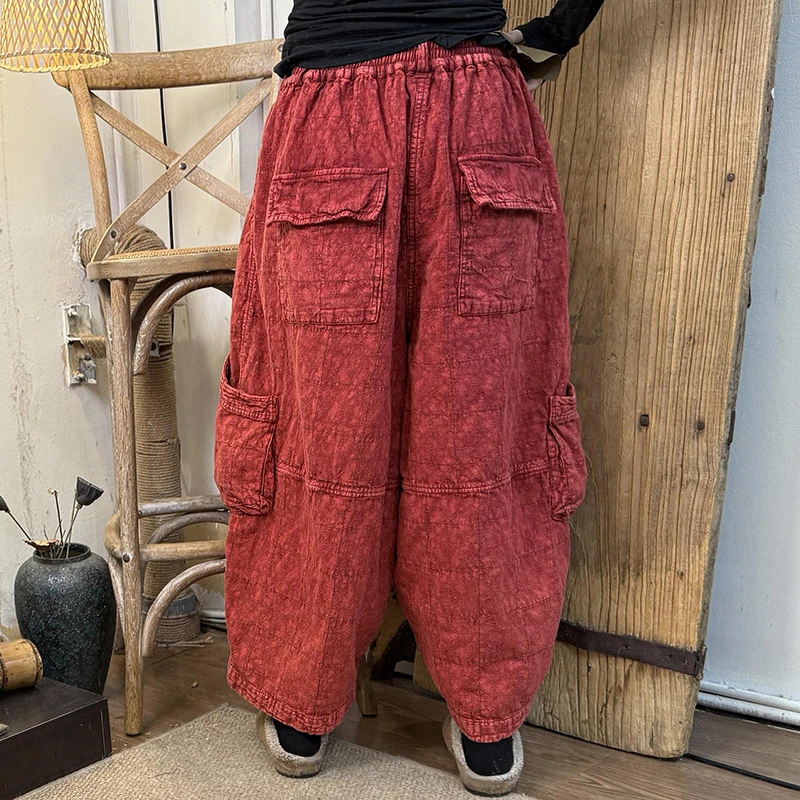 New 25 Autumn/winter Women All-matched Pocket Patchwork Ankle-length Pants Casual Loose Cotton Elastic Waist Wide Leg Pants H84