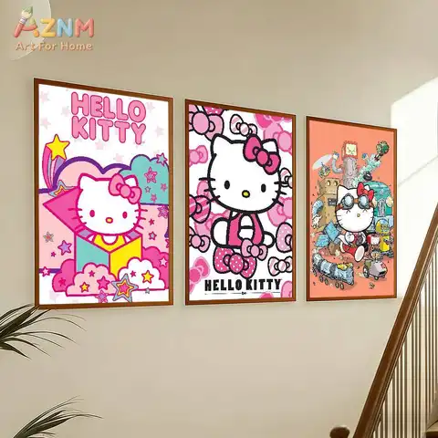 AZNM Hello Kitty Kawaii Star Bow Canvas Wall Art, Cute Sanrio Character Print Poster, Cartoon Cat Steampunk Decorative Painting,