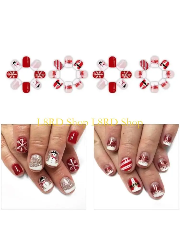 L8RD 48Pcs Holiday Themed Snowman Snowflake Wearable Press on Manicure
