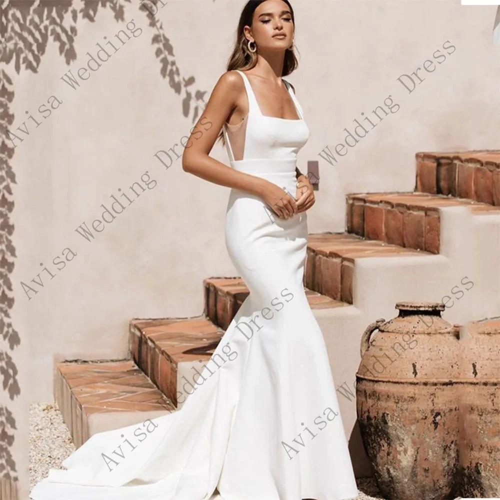 Simple Square Collar Satin Mermaid Wedding Dress Sexy Spaghetti Straps Chic Beach Party Dresses vestidos de novia 2024