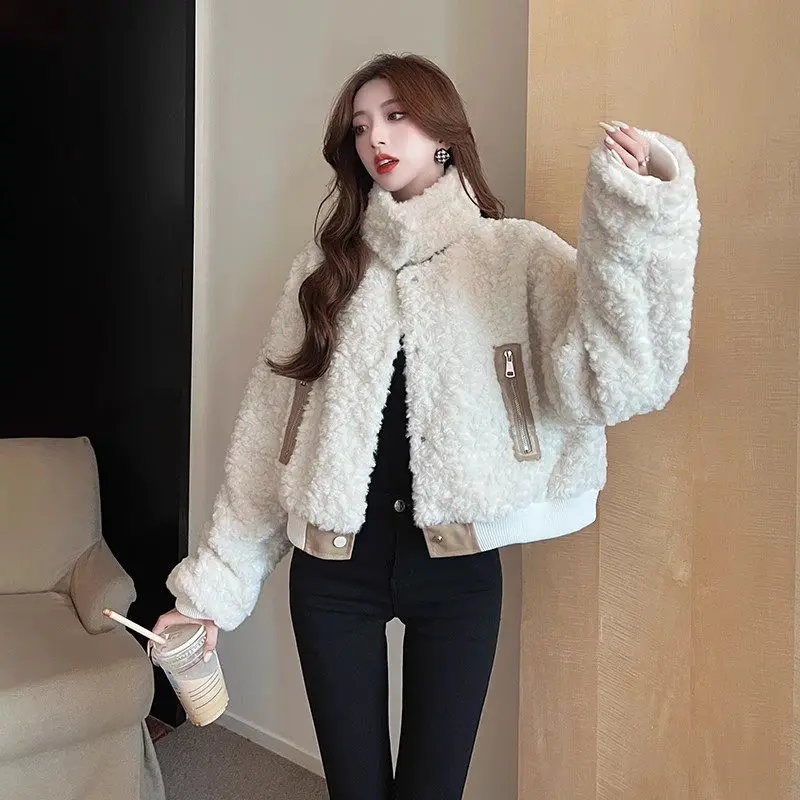 

Leather And Fur Integrated Imitation Lamb Plush Jacket For Women's Short Autumn Winter Thick Warm Fluffy Coat Mujer Abrigo Z2636