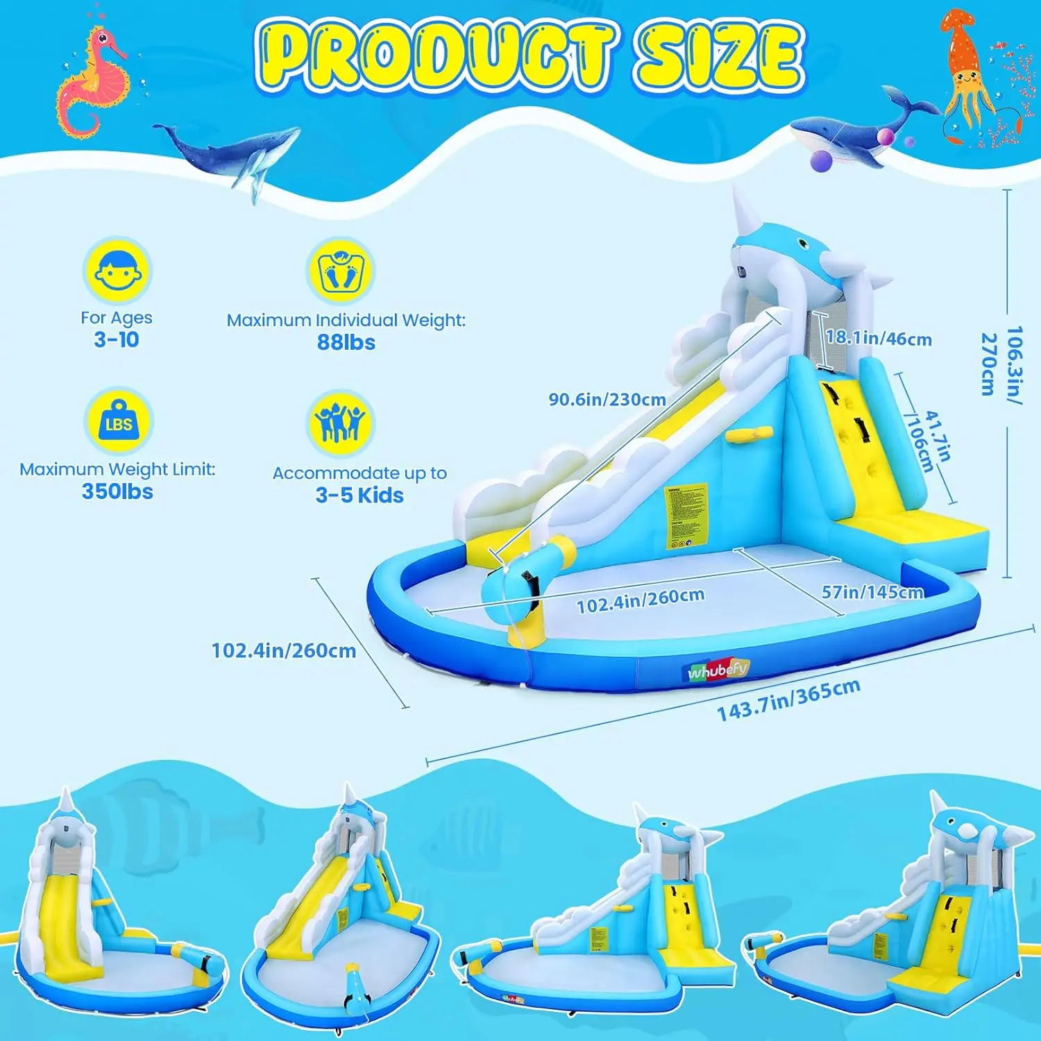 12x8.5 ฟุตสไลด์น้ําทําให้พองสําหรับเด็ก Backyard w/6 ของเล่นน้ํา & Inflatable Balls, blow Up Waterpark w/Whale Spout Slide, Spl