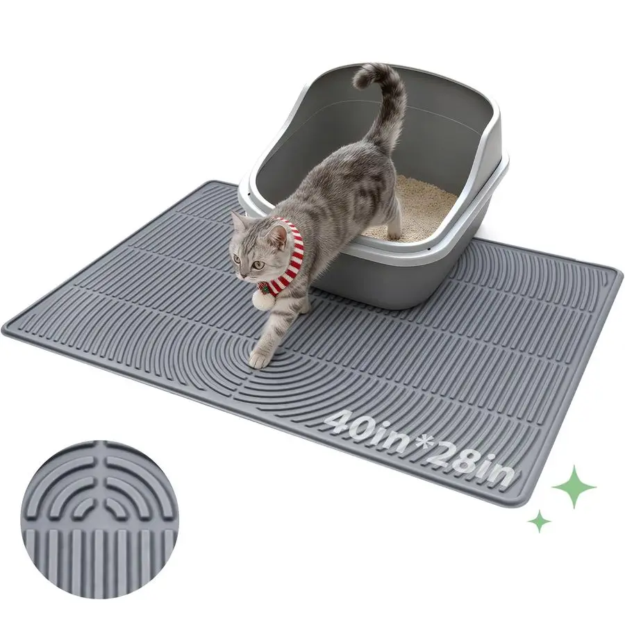 

Litter Box Mat,40 x 28 Extra Large Silicone Waterproof Litter Trapping Mat for Scatter Control Soft on Kitty Paws NonSlip Easy t
