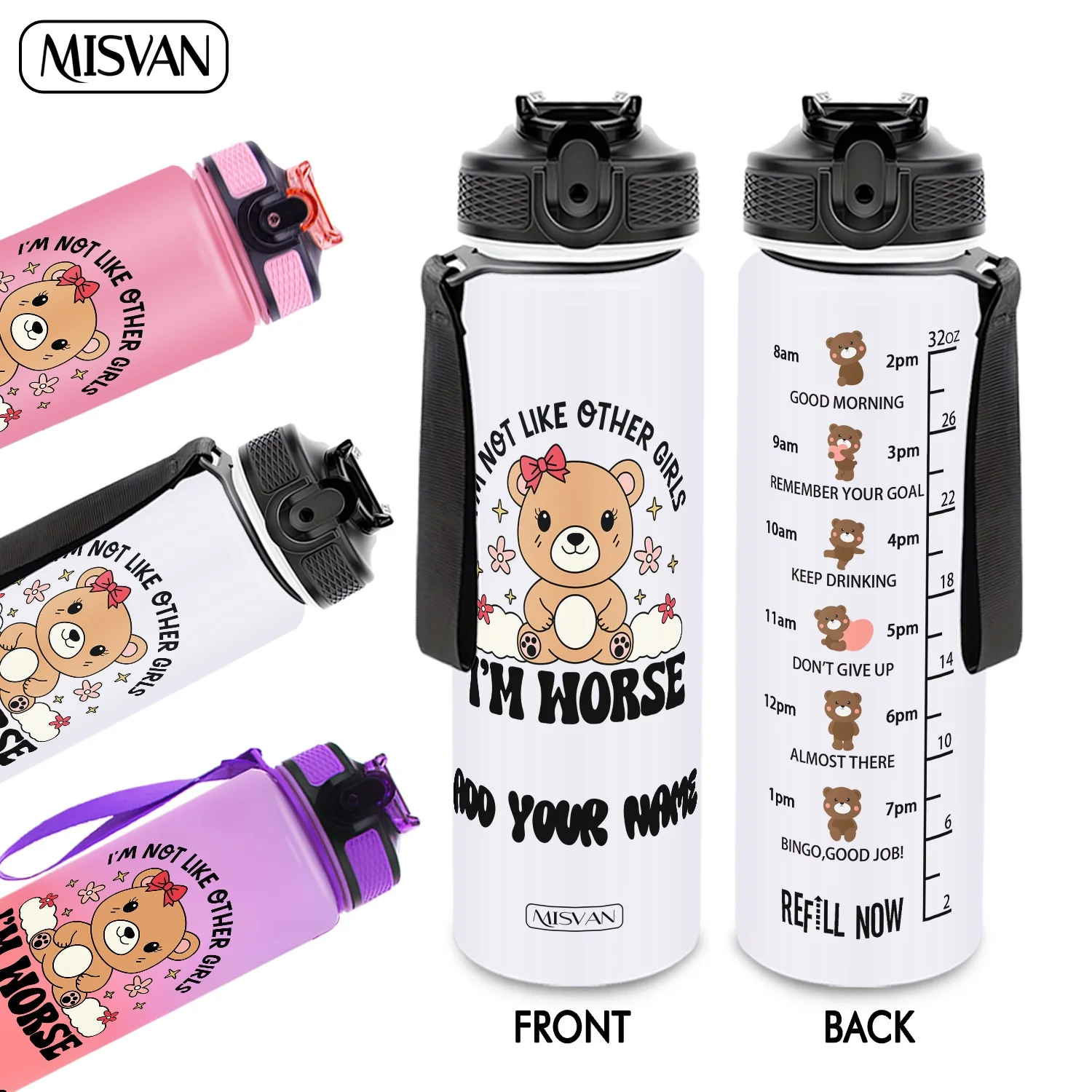 

Бутылка для воды 32 унции (950 мл) с индивидуальным именем, милый мотивационный принт с медведем, способствует ежедневному увлажнению, для спортзала, активного отдыха и велоспорта