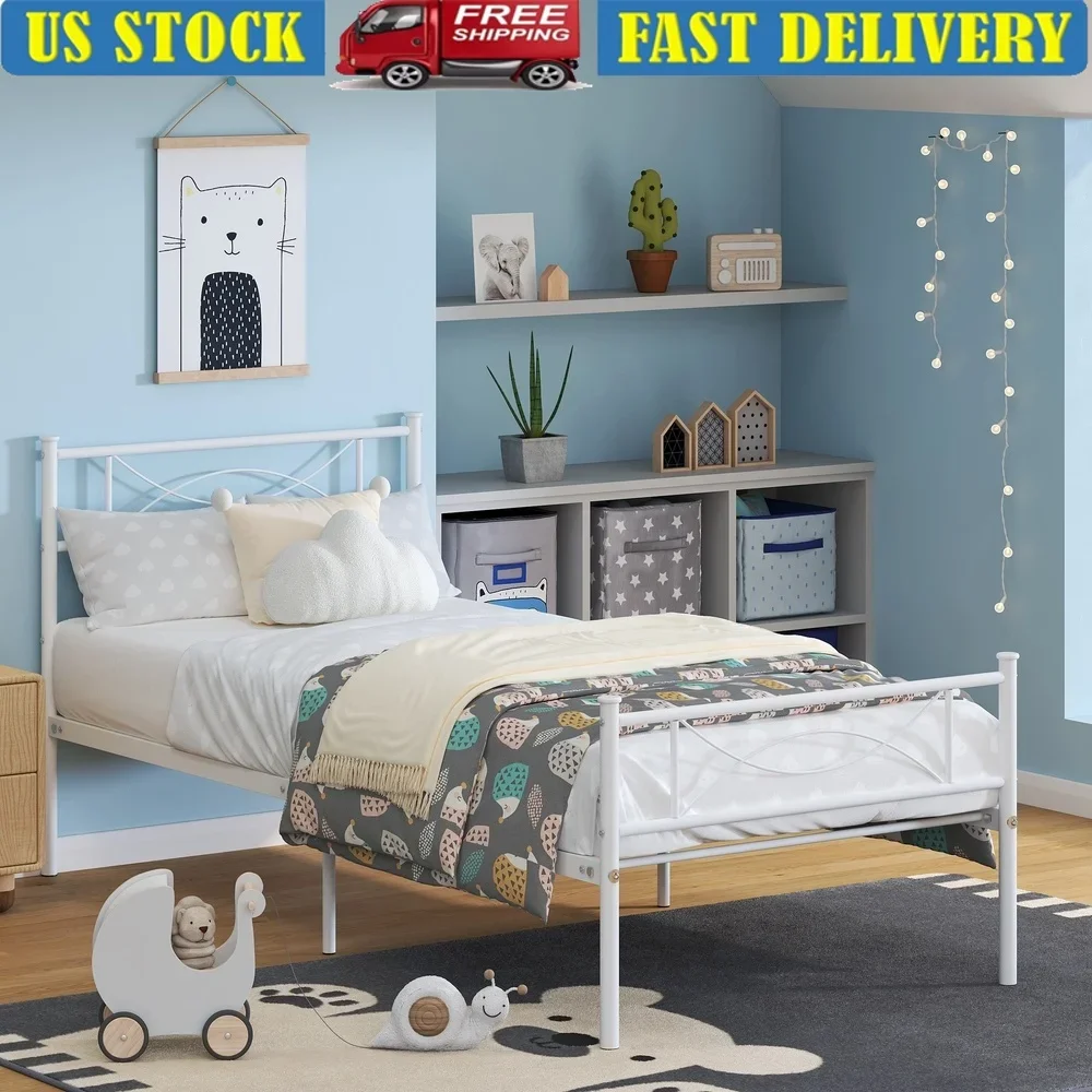 

Kids Twin Metal Platform Bed Frame with Bowknot Headboard Under Bed Storage Easy Assembly Heavy Duty Support Durable Steel