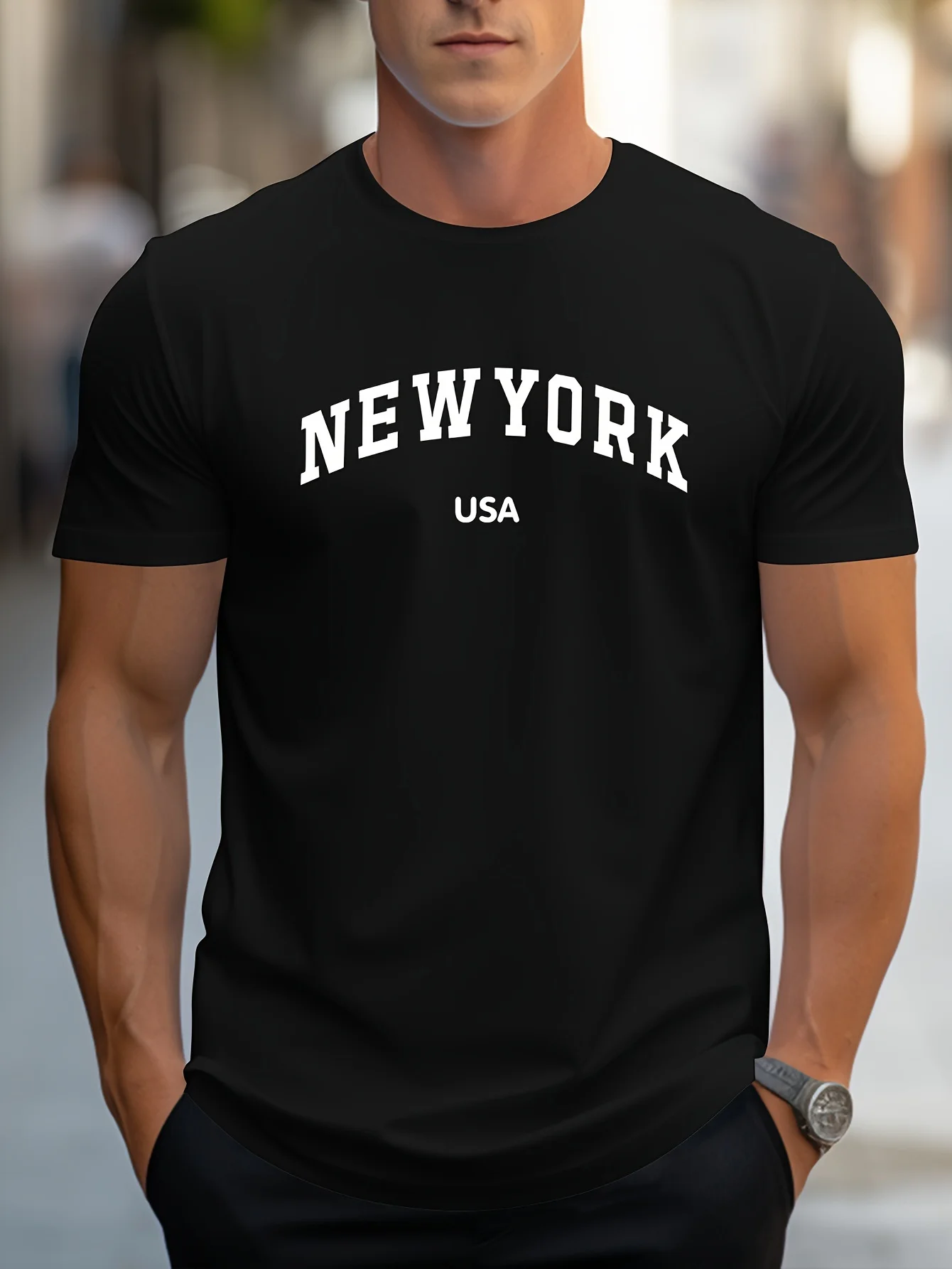 T-shirt casual elegante a maniche corte da uomo con stampa grafica New York USA, comoda e versatile.