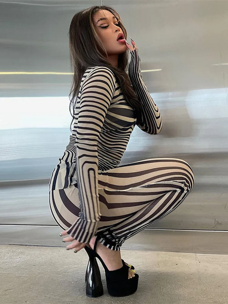 Women's Zebra Striped Printing Outfits, Long Sleeve and Pants, See Through Mesh Body Suits, Sexy Woman Streetwear, 2 Pieces Set