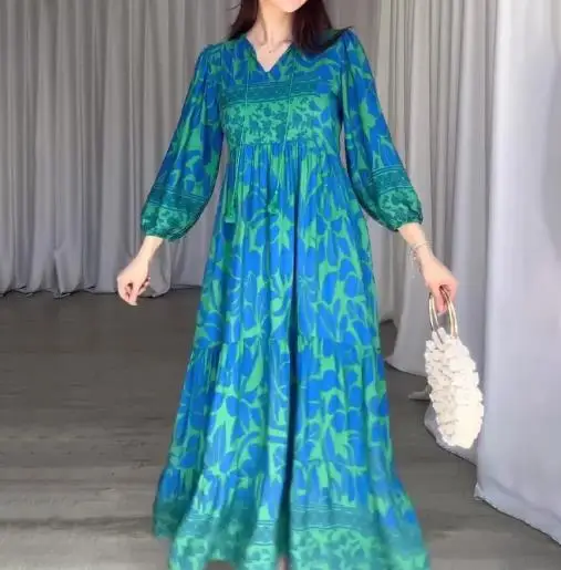 

Women's Sexy V-Neck Lantern Sleeve Printed Long Dress High Waist Retro Slimming Autumn New Fashion 2025